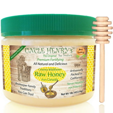 Raw Honey from Canada, 1 Best Taste Creamy Premium Fresh Farmers Market Quality. Big 1lb Double-Sealed Artisan California Product, Original Green Lid