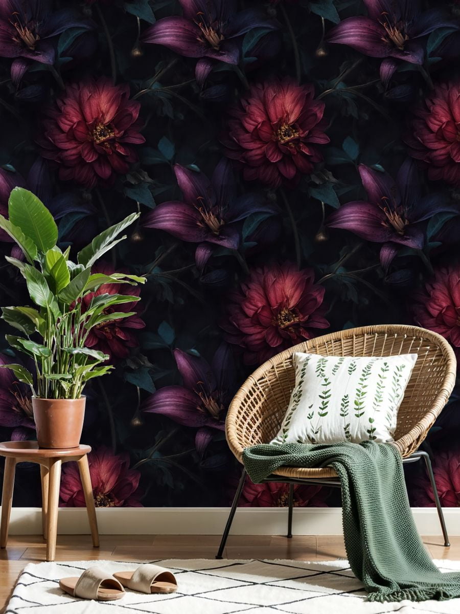 Peel and Stick Wallpaper Dark Floral Bloom Deep Red Petals Moody Botanical Wall Mural 23.6in x 9.8ft Self Adhesive Removable Wall Paper Renter Friendly Wallpaper for Bedroom