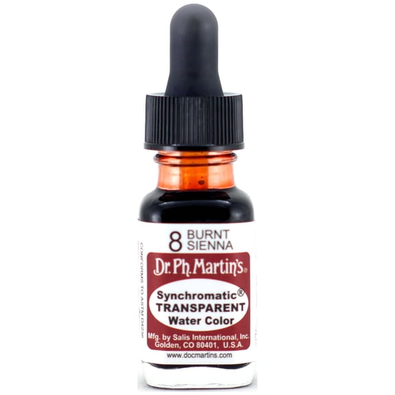 Dr. Ph. Martin's® Synchromatic Transparent Water Color (8) Watercolor Bottle, ½ US fl oz, Burnt Sienna, 1 Bottle