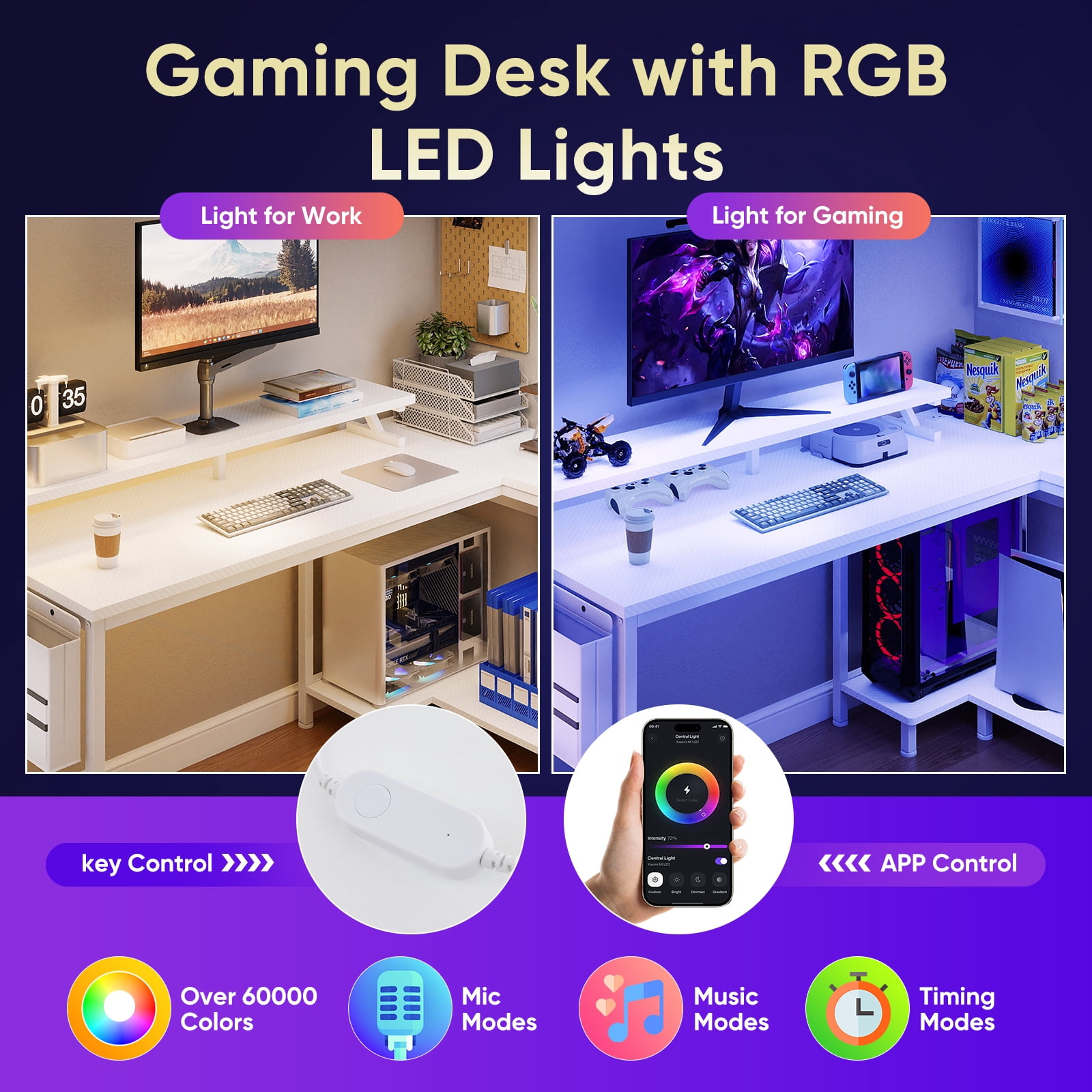 Gianna L-Shaped Gaming Desk with LED Lights, USB-C Charging and Monitor Stand