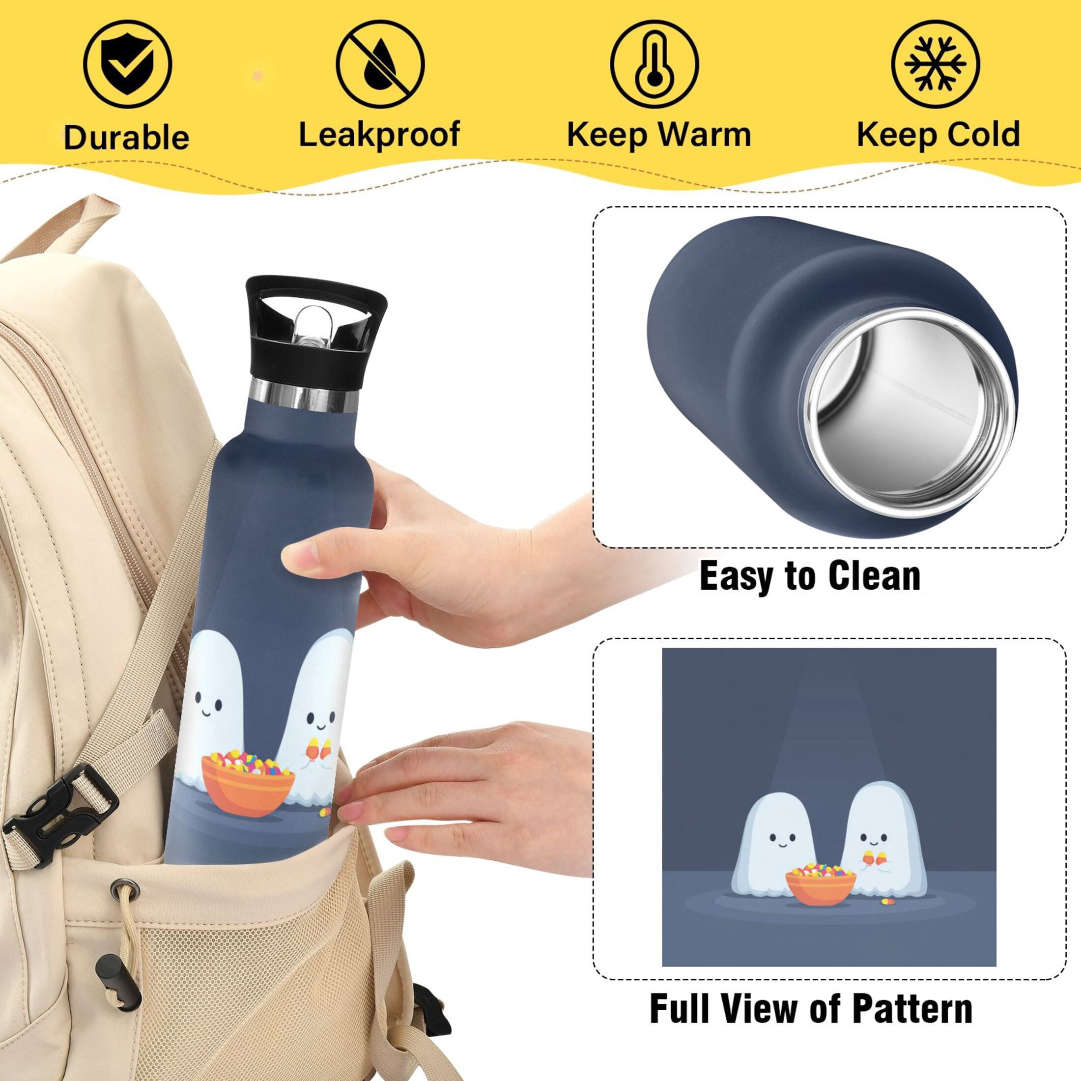 Kids Insulated Stainless Steel Sports Water Bottle 600ml (20oz) Little Ghosts Eating Candy