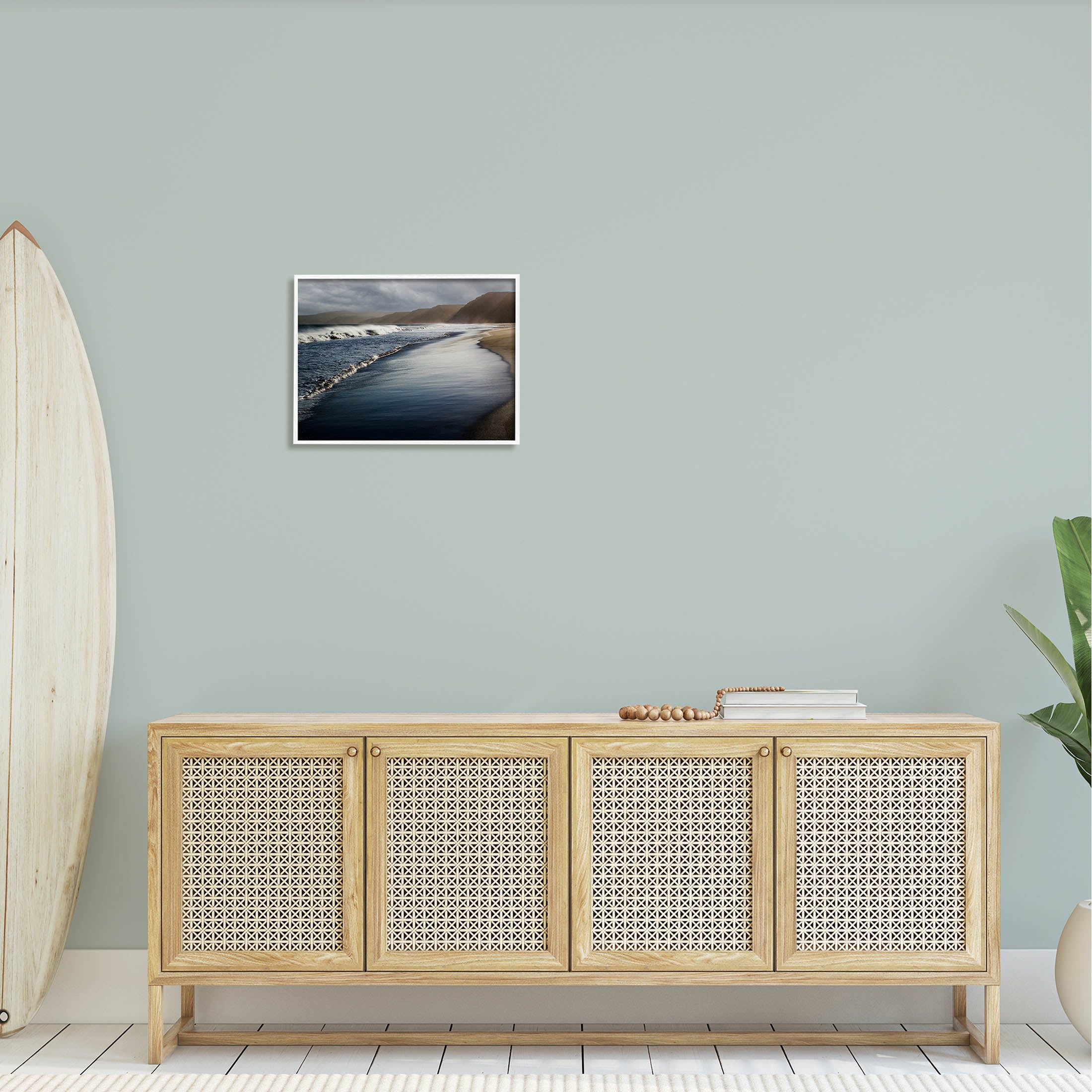 Beach Foam Rolling Waves Coastal Photograph White Framed Art Print Wall Art