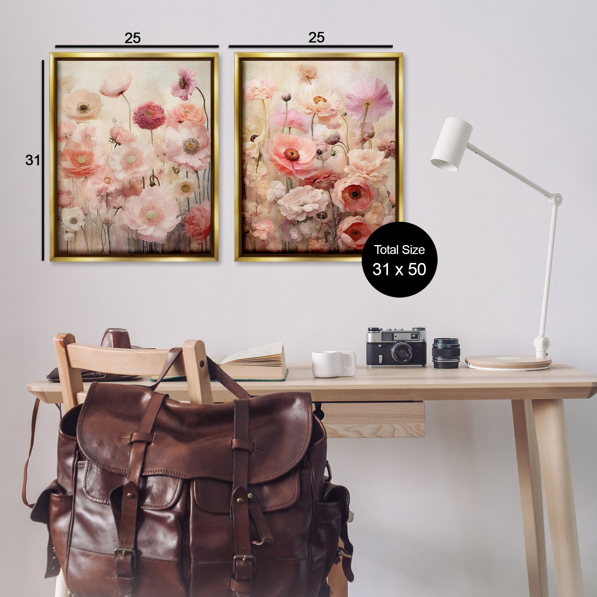 Stupell Industries Pink Blush Floral Field Plants & Flowers Painting Gold Floater Framed Canvas Art Print Wall Art, 31 x 25, Set of 2
