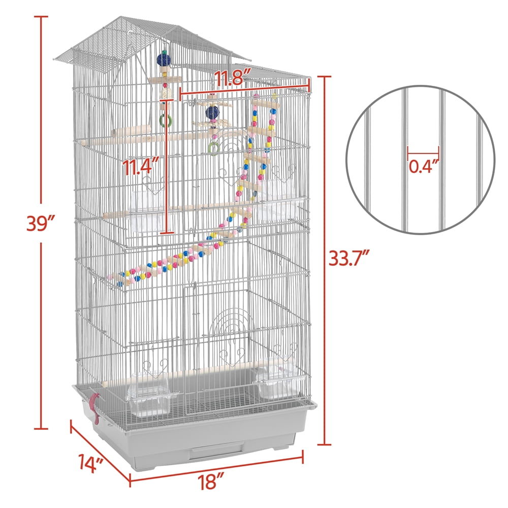 Alden Design 39"H Metal Large Roof Top Parrot Cage with Perches and Toys, Light Gray