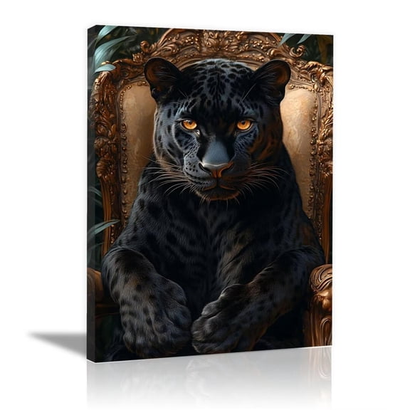 Mudket Black Panther on Gold Ornate Throne Chair Canvas Wall Art, Luxury Royal Wildlife Wall Pictures for Living Room Print for Office Home Decor , Framed Ready to Hang - 12"L x 8"W