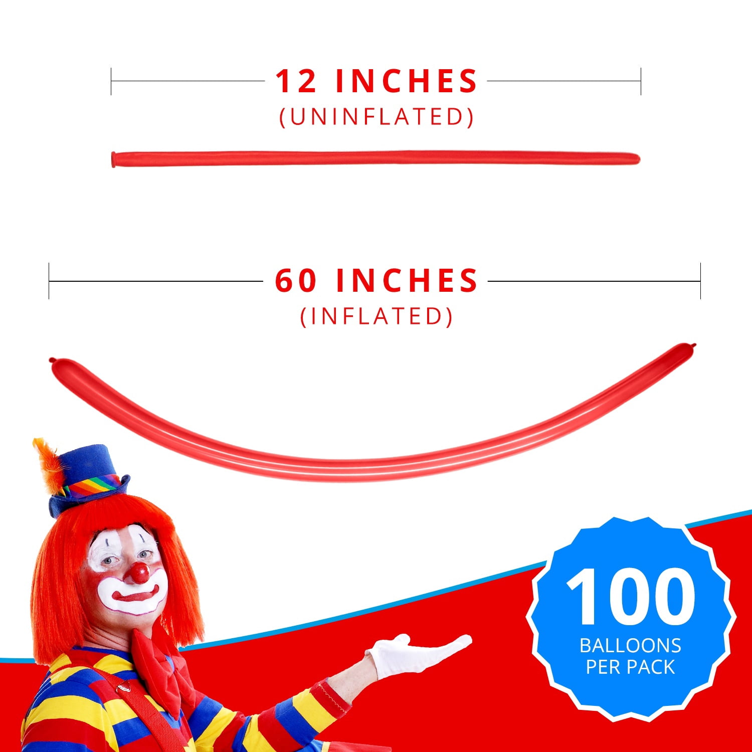 Clownatex 260 Long Twisting Red Balloons (100 pcs) for Balloon Animals, Latex Twisting Animal Shape Modeling Long Magic Balloons for Kids Party, Clowns, Birthdays, Weddings