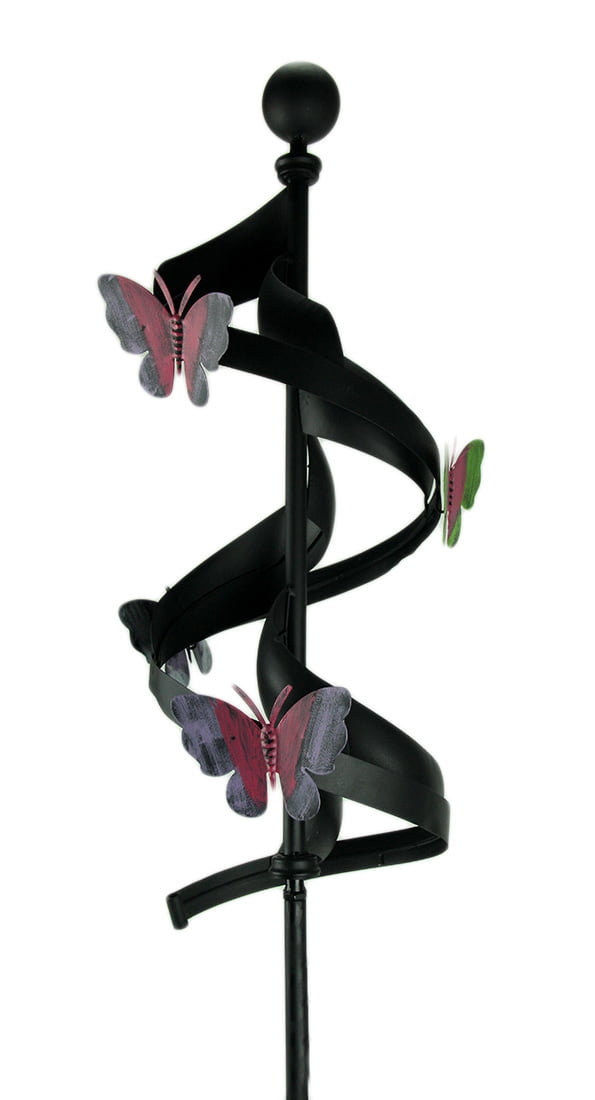 Compass Home Black Metal Ribbon Pink Butterfly Wind Spinner Garden Stake