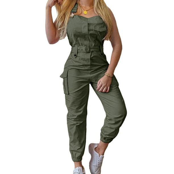 Women's Sleeveless Cargo Jumpsuit Casual Solid Pocket Playsuits Rompers  PlusSize