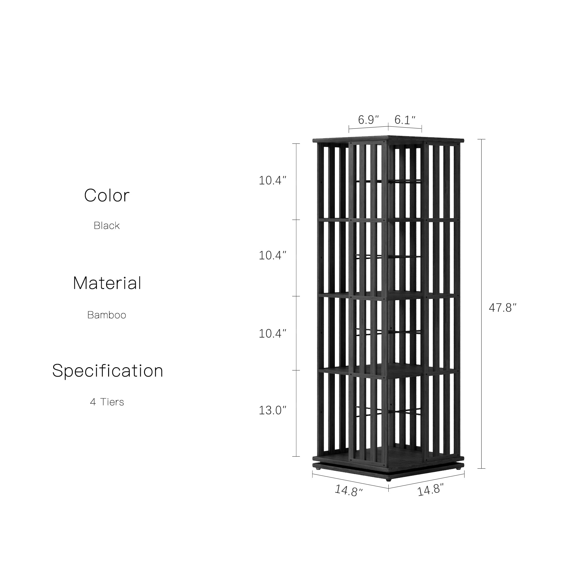 Yowos Bookcase, 4 Tier Rotating Bamboo Bookshelf 360° Spinning, Black