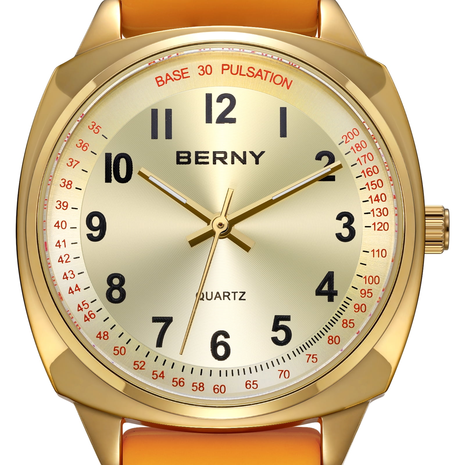 BERNY Nurse Watch for Women, Fashion Ladies Analog Quartz Watch with Silicone Strap, Pulse Meter Function, 3ATM Waterproof Womens Wristwatch, Easy Read Numerals Nursing Watch Gift, Yellow
