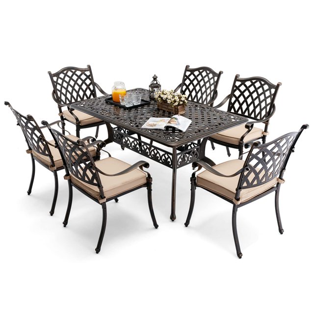 ????????? ? ????? Outdoor Dining Set Cast Aluminum Retro Patio Dining Set for 6 includes 59” Rectangular Table and 6 Chairs with Thicker Cushion and Umbrella Hole for Patio Deck Garden