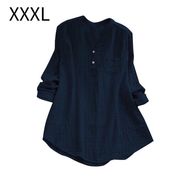 Camisa de mujer Manga larga Primavera Otoño Blusa Escote en v Chica Top suelto, Azul, 3XL Inevent AP000936-18