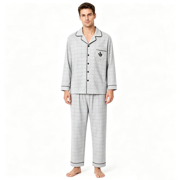 Akmaiox Mens Pajamas Set Cotton 2 Piece Long Sleeve Lapel Button Down Shirt Elastic Waist Pants Casual Loose Lounge Sleepwear Sets