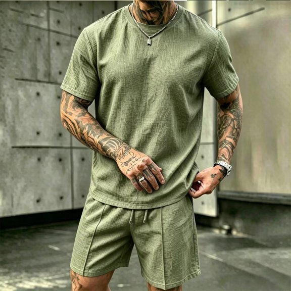 LEKWK Men Linen Sets Outfits 2 Piece Lightweight Loose Fit Solid Beach Vacation Summer Outfits Short Sleeve Crewneck Casual Tops and Drawstring Shorts