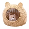 thumbnail image 1 of Cama para gatos con orejas de gato, de imitación de ratán, tejida a mano, transpirable, para todas las estaciones, lavable, semicerrada, para interior, 38 x 38 cm, color beige, 1 of 14