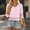thumbnail image 6 of Women's Eyelet Tops Summer V Neck 3/4 Length Sleeve Shirts Fashion Smocked Waist Crop Plus Size Fall Fashion Trendy Casual Peplum Going Out Plain Tops for Women, 6 of 9