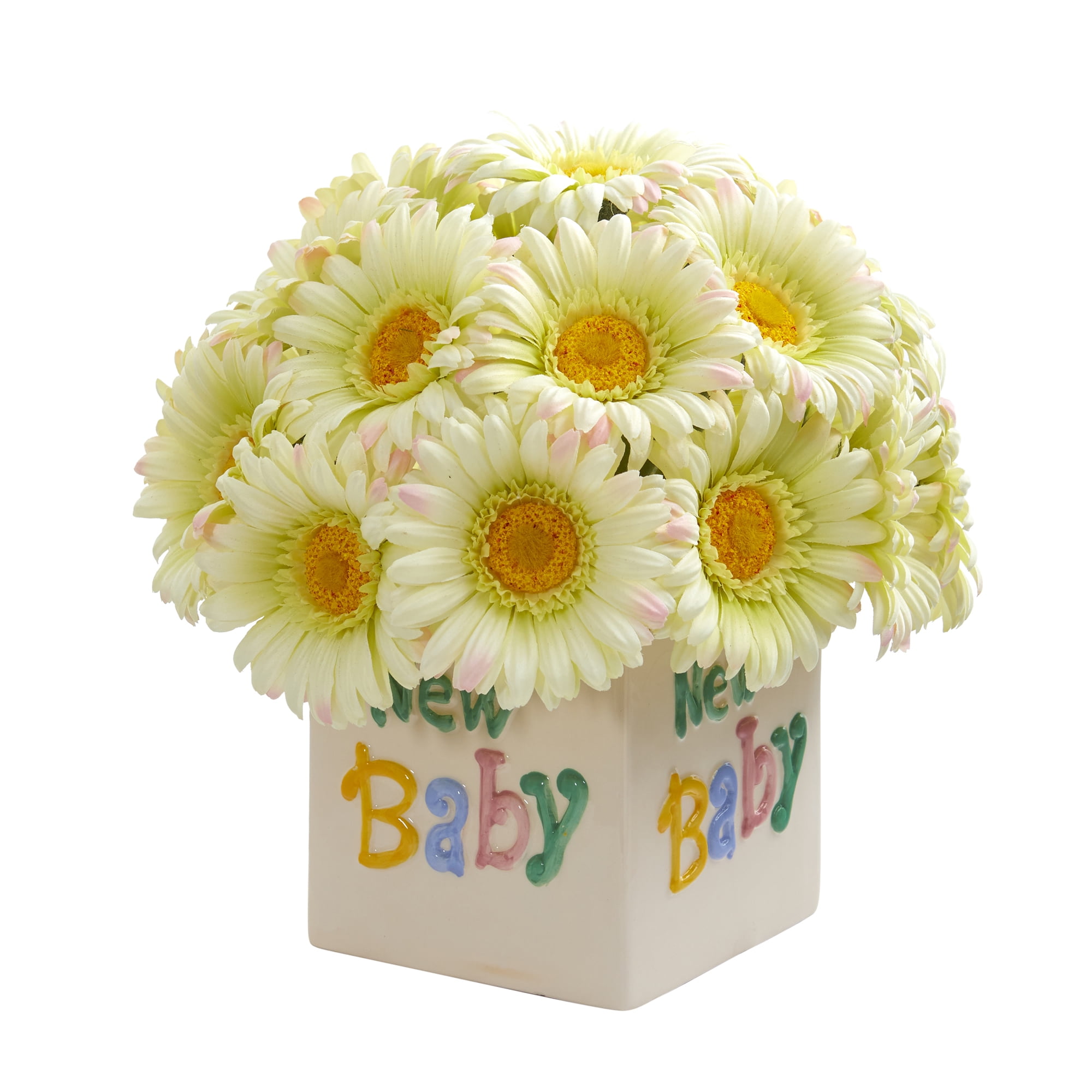 Nearly Natural 11inch Gerber Daisy Artificial Arrangement in "New Baby