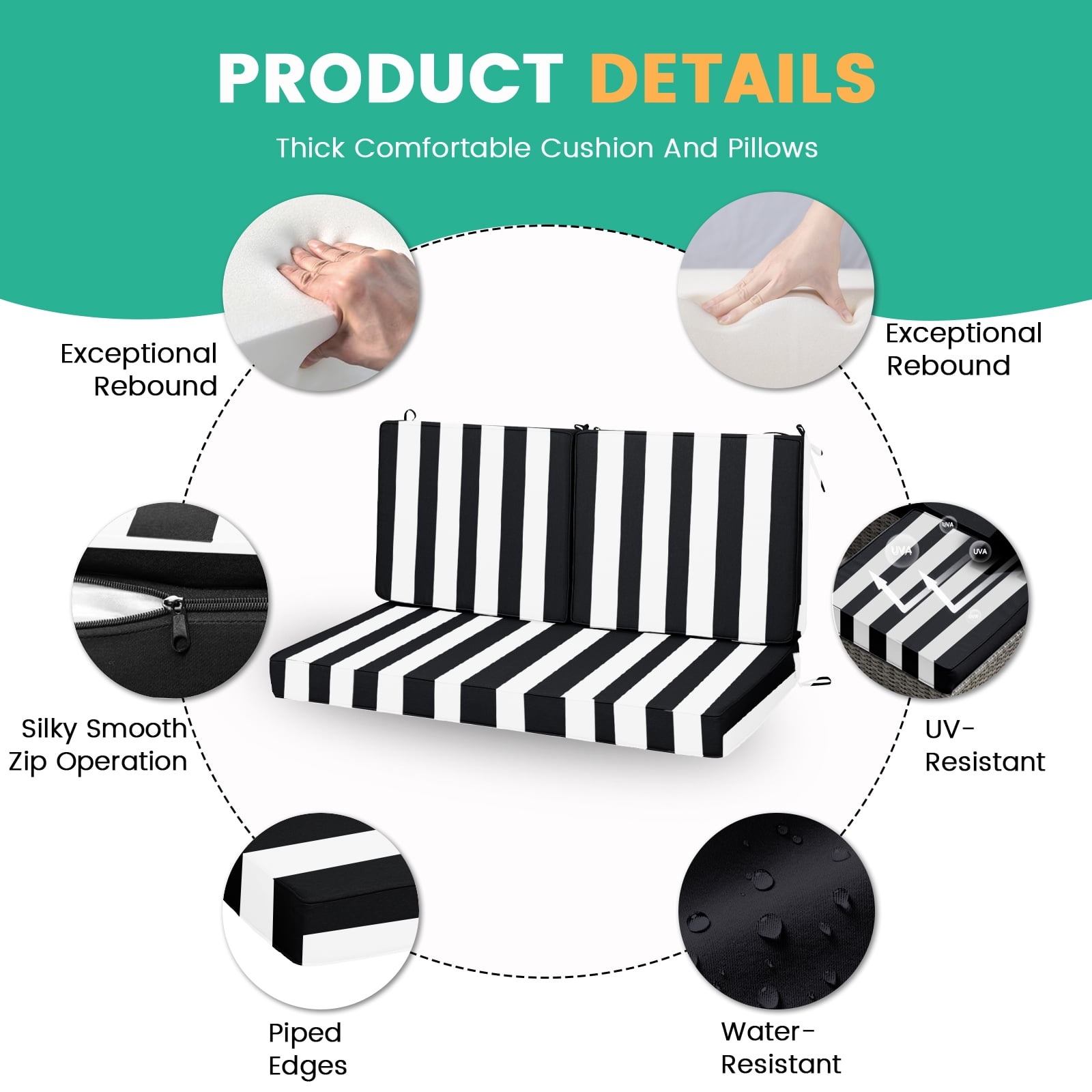 DTTRA Outdoor Loveseat Cushion Set, 48 x 24 Inch, Water Repellent, 3-Year Fade Resistant, Patio Furniture Cushions with Removable Cover, Ties and Hidden Zipper for Sofa Bench Couch Pads Set