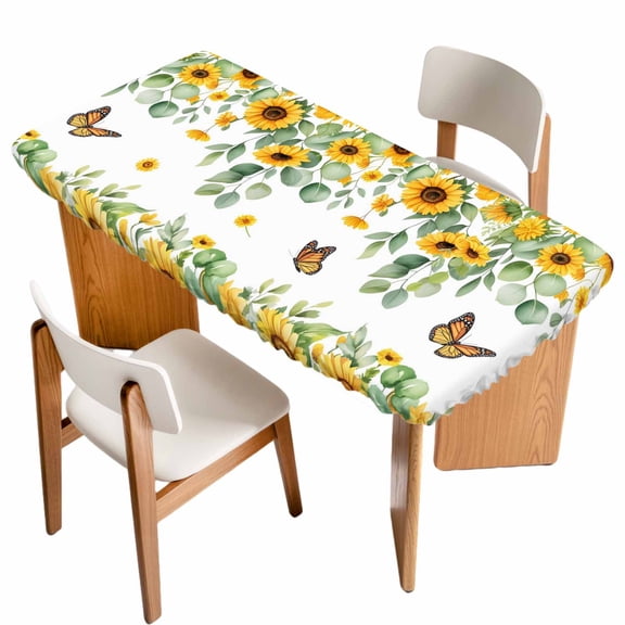 Spring Sunflowers Table Cloths for 4 Foot Rectangle Tables, Eucalyptus Leaves Flowers Butterfly Patio Waterproof Elastic Fitted Tablecloths, Washable Rectangular Table Cover for Camping