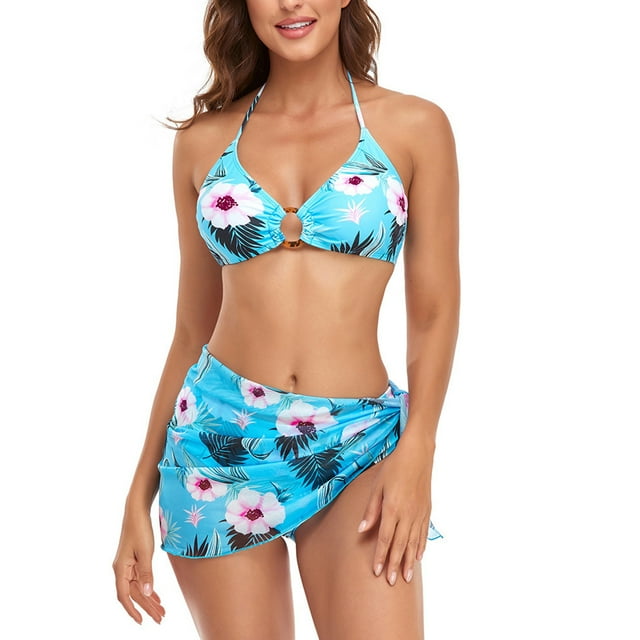 Conjunto de bikini de 3 piezas para mujer, parte superior envolvente con cordón halter, conjunto de parte inferior de bikini de cintura alta con falda de playa para cubrir, azul M