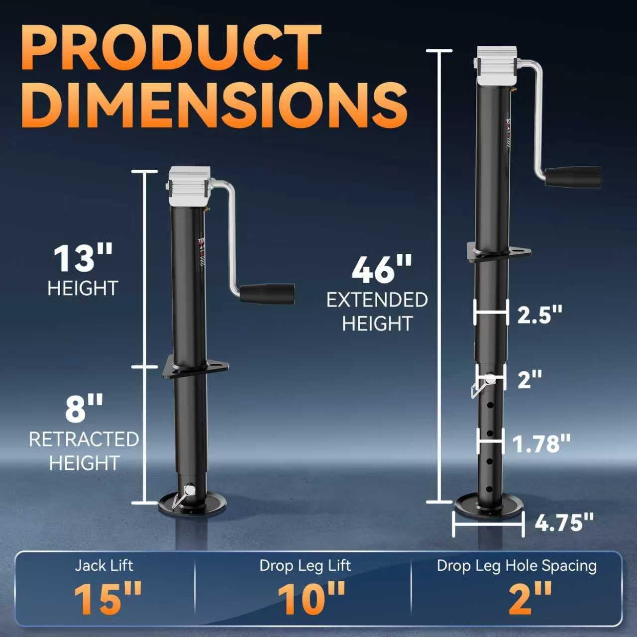 STORKING 5000 lbs 15" Lift Side Wind A Frame Trailer Jack with Adjustable Drop Leg