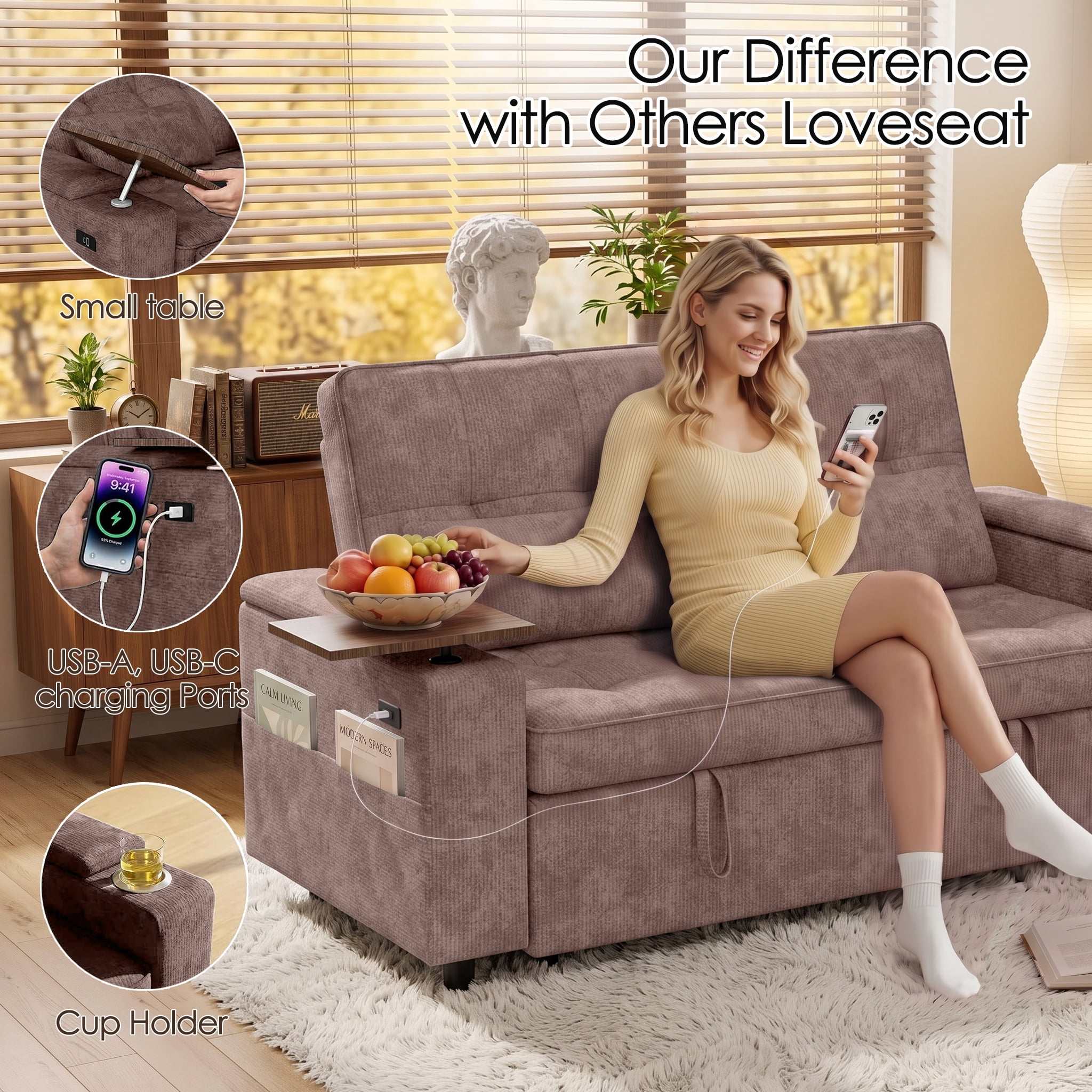 Xiweot 65" Sleeper Sofa Bed, 3-in-1 Convertible Chenille Futon Couch, Loveseat Sofa with Adjustable Backrest, Pull out Couch with Storage Armrest, Table & Pillows for Living Room Apartment (Brown)