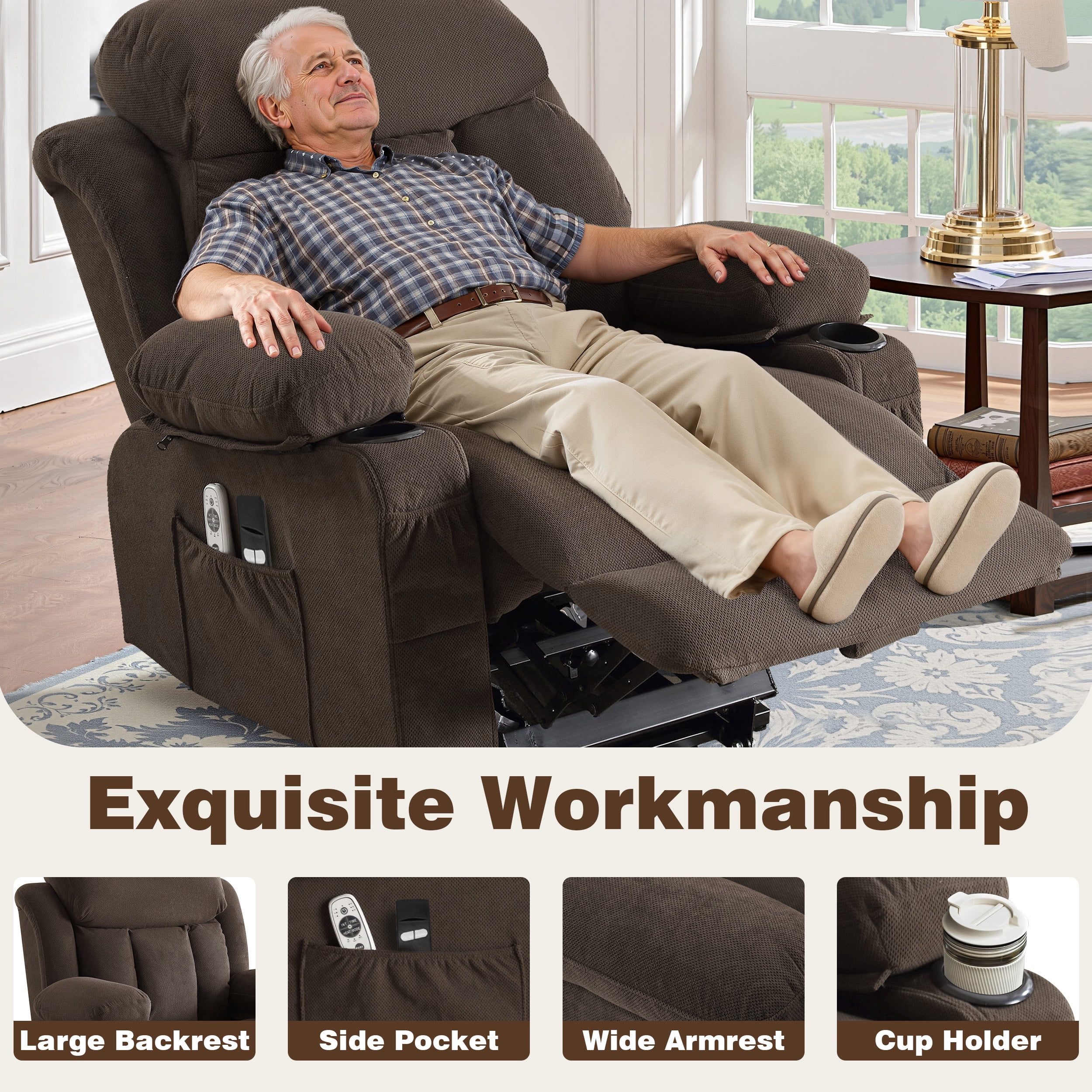 Lift Chair for Elderly, Power Lift Recliner Chair with Heat and Massage, 24.5" Oversized Massage Recliner for Living Room with Remote Control, Cup Holders, Easy Stand, 350lbs Capacity, Brown