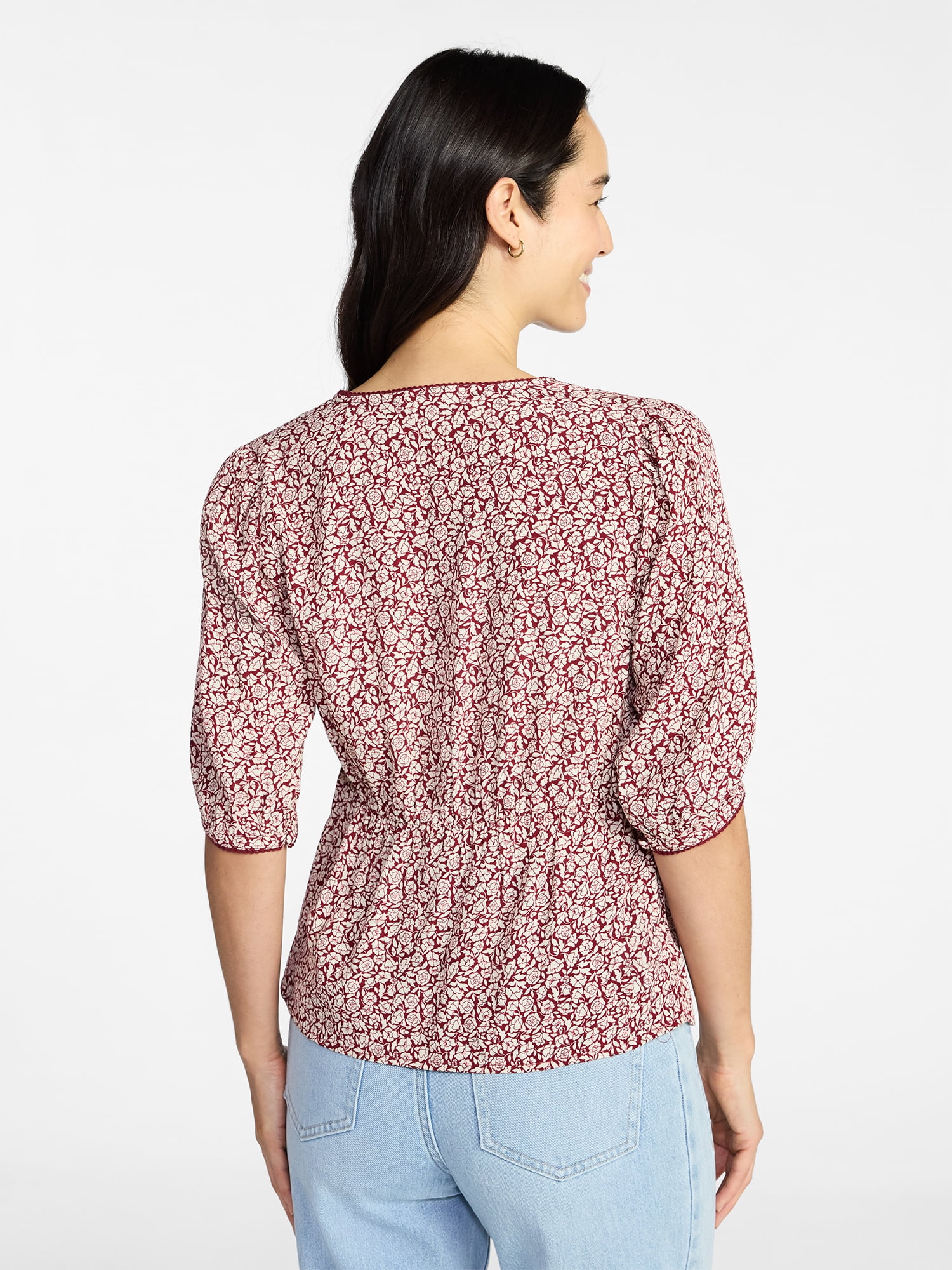 Time and Tru Women’s Empire Waist Top with Puff Sleeves, Sizes XS-XXXL