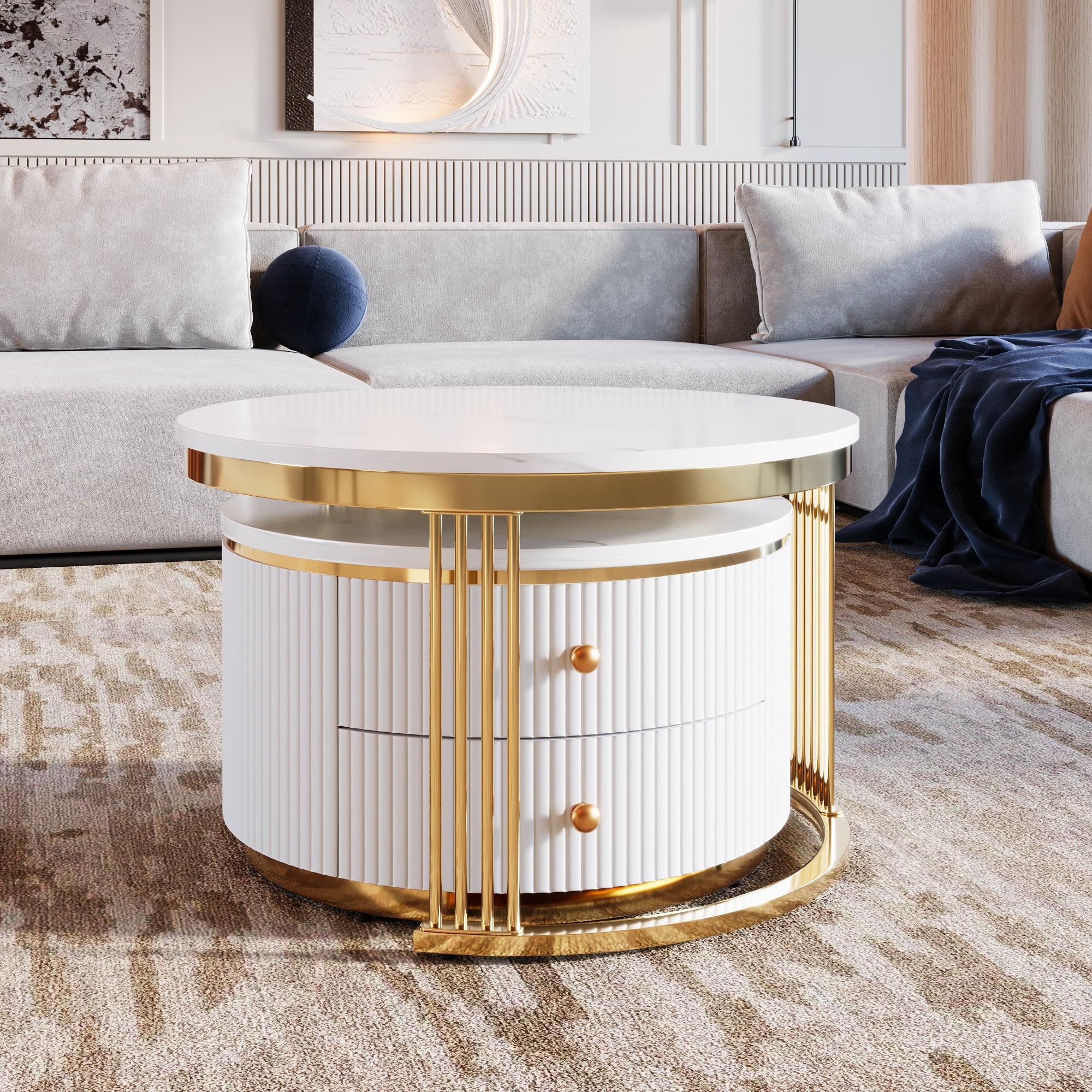 Euroco Modern 2 Pieces White Round Nesting Coffee Table with Drawers in 27.6''
