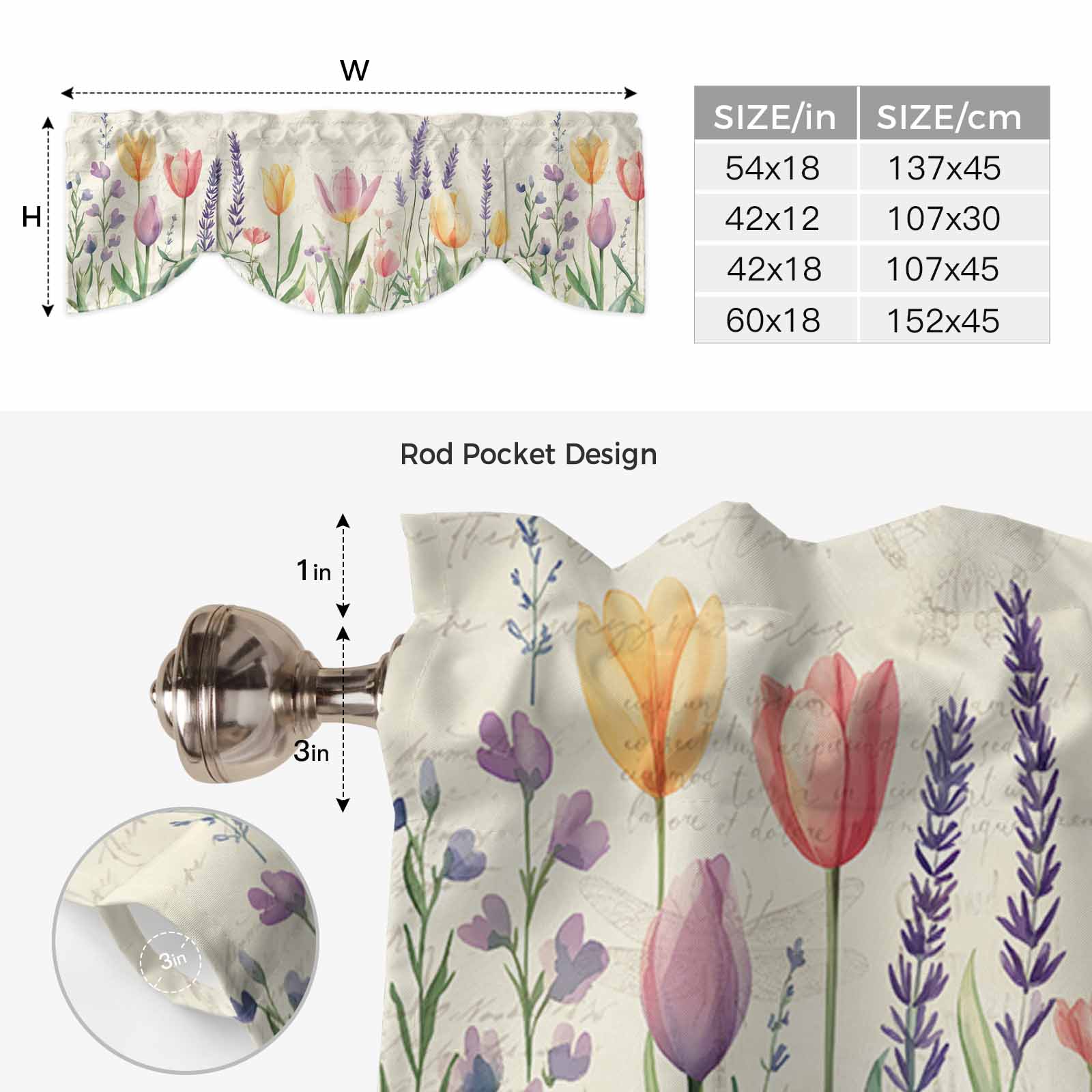 Spring Tulip Tie Up Valances Curtain, Colored Flower Plant Linen Texture Adjustable Rod Pocket Short Window Treatment Tie Up Curtains Valances for Kitchen Living Room Bathroom 54x18 Inches