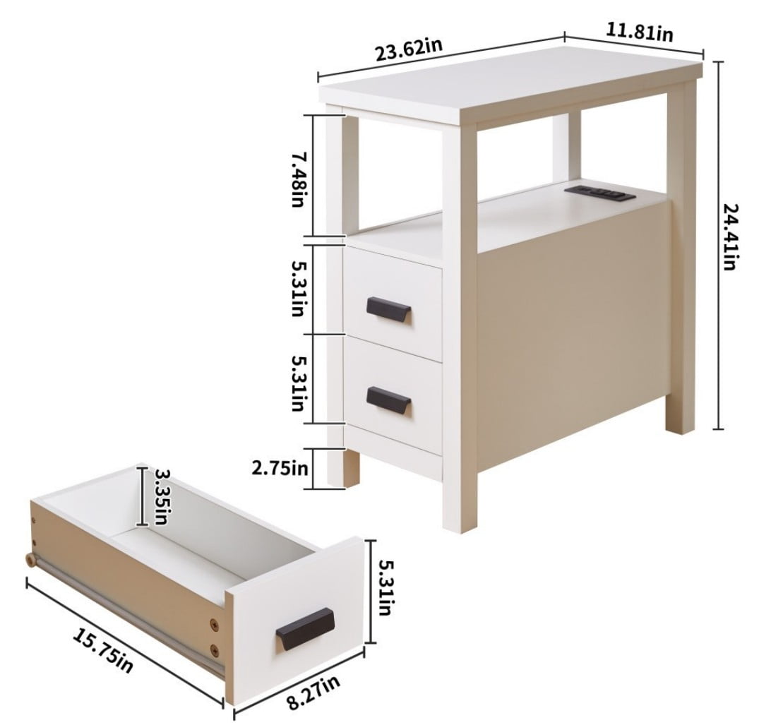 End Table with Charging Station, 2 USB Ports & 2 Outlets, 2-Drawer Nightstand, Small Wood Bedside Table, Rustic Side Table for Bedroom & Office, White