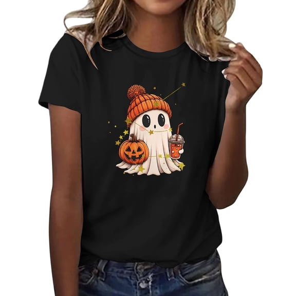 Halloween Pumpkin Face Graphic T-Shirt Womens Short Sleeve Round Neck Casual Soft Tops Tees Shirt Fall Pumpkin Shirts Womens Casual Autumn Thanksgiving Graphic Tees Party, Black L