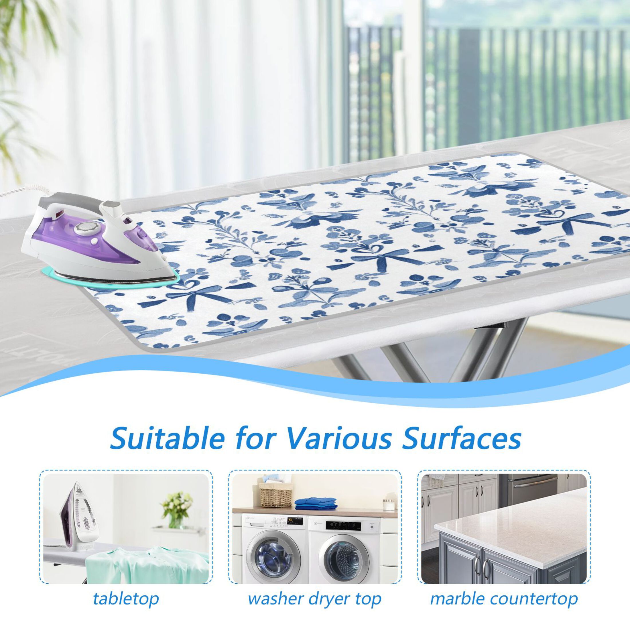 Small Blue Flowers and Bowknots Ironing Mat Blanket Portable Travel Ironing Pad Heat Resistant Pad 47.2" x 27.6”