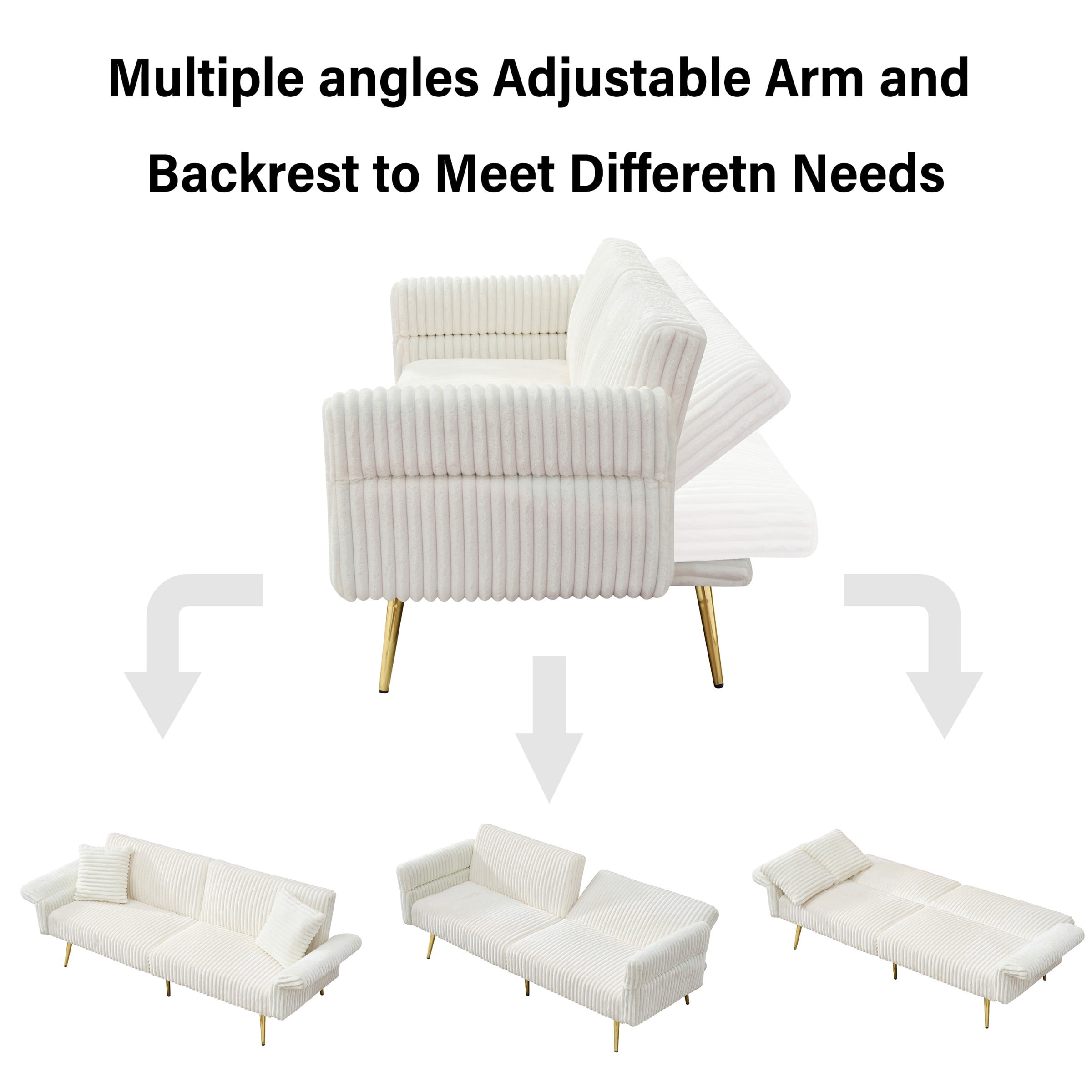 79 inch Convertible Folding Futon Sofa Bed Sleeper Couch for Living Room Corduroy Upholstered Recliner Loveseat Lounge wtith Adjustable Armrests,2 Throw Pillows,White