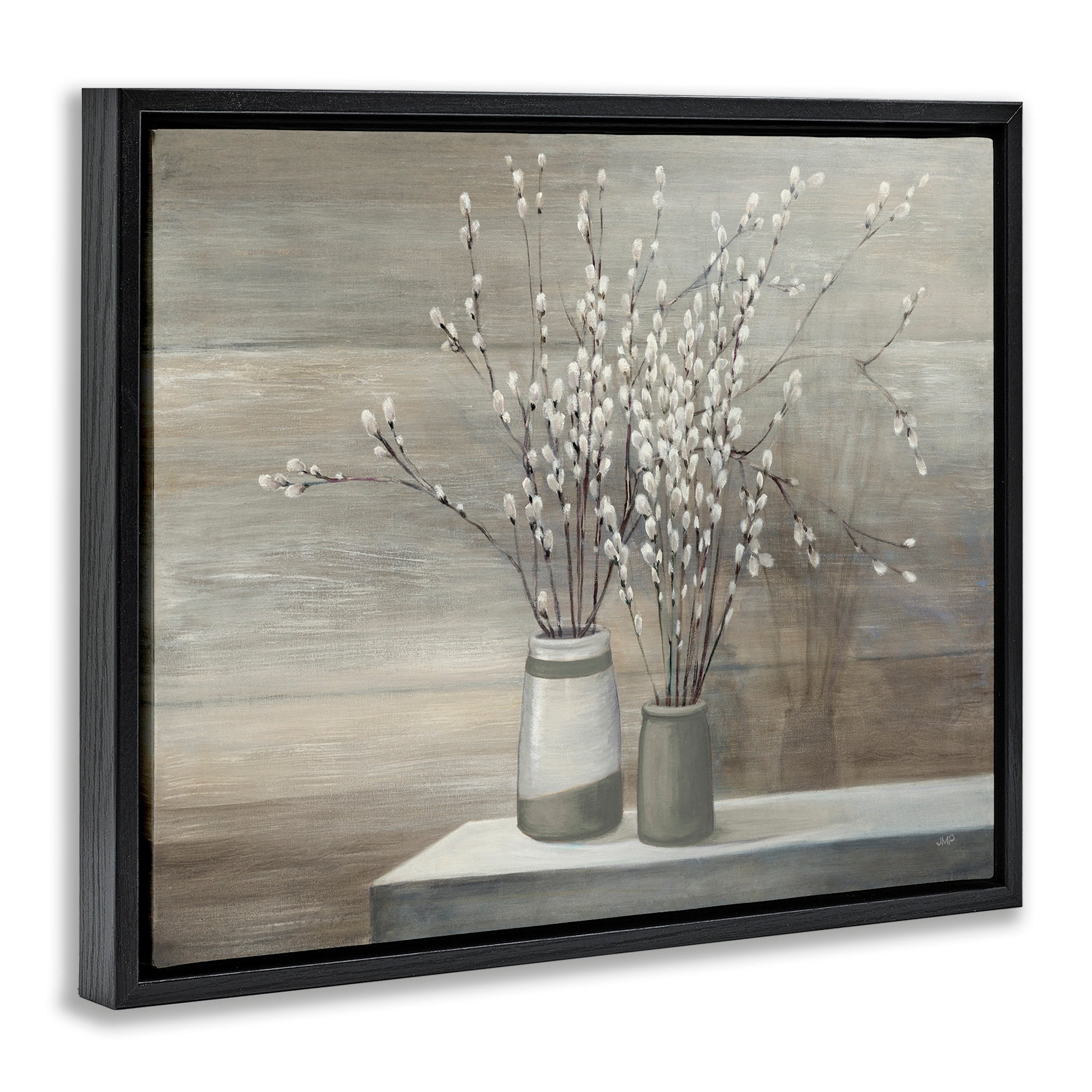Stupell Industries Pussy Willow Still Life Jet Black Framed Floating Canvas Wall Art, 16x20, by Wild Apple Portfolio