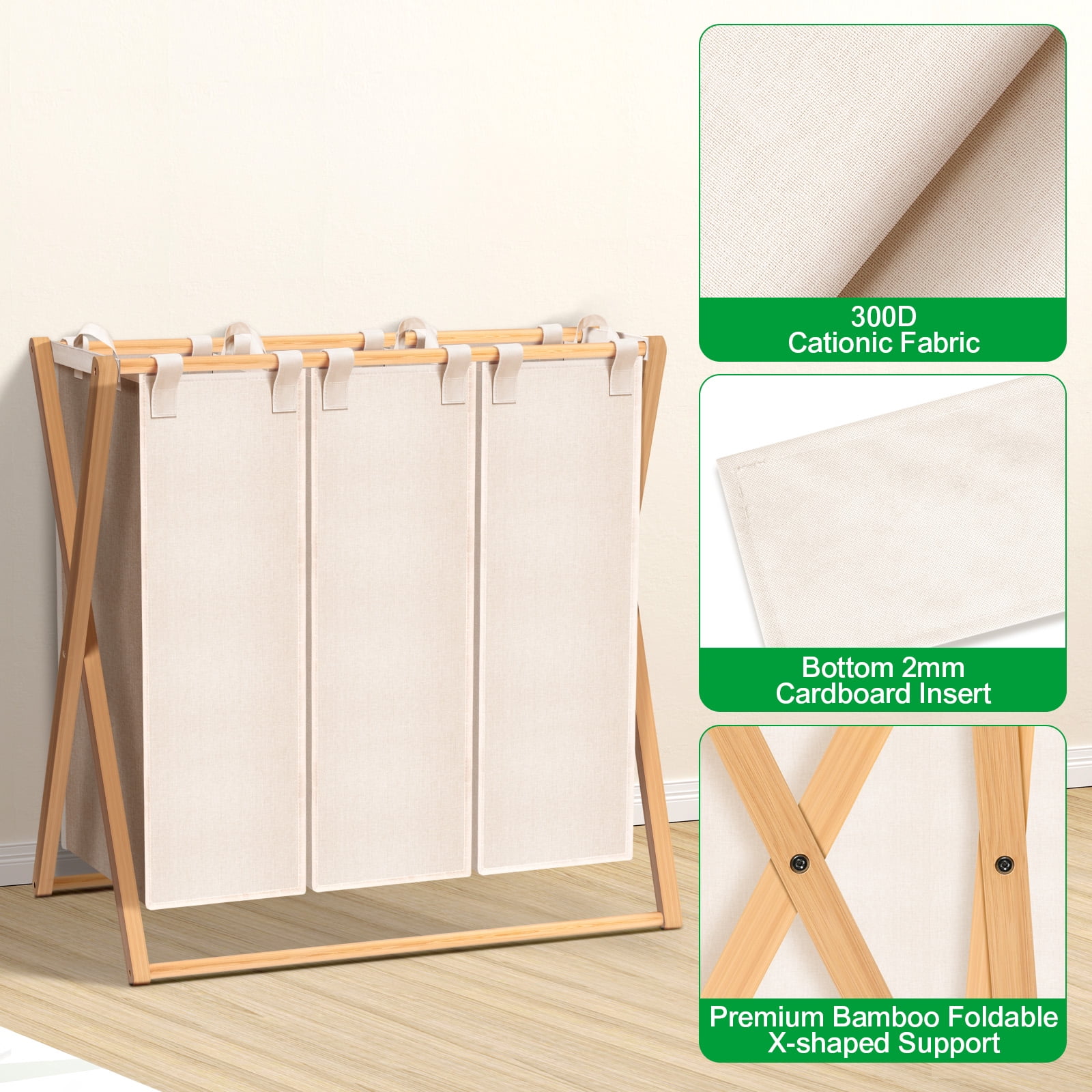 150L Laundry Hamper,Collapsible Laundry Basket,Bamboo Clothes Hamper,Foldable Hamper for Bedroom, Laundry Room, Bathroom, Beige
