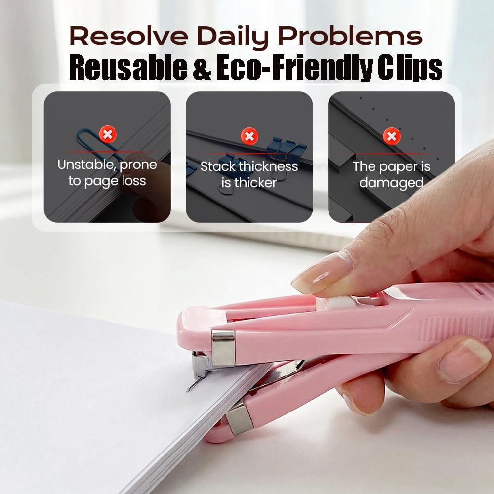 2026 Upgrade Portable Binder Clip Stapler, Includes 100 Reusable Clips, Handheld Paper Clip Dispenser, Mini Push Stapler Clamp Staplers for Handheld Paper Clam Clip Dispenser