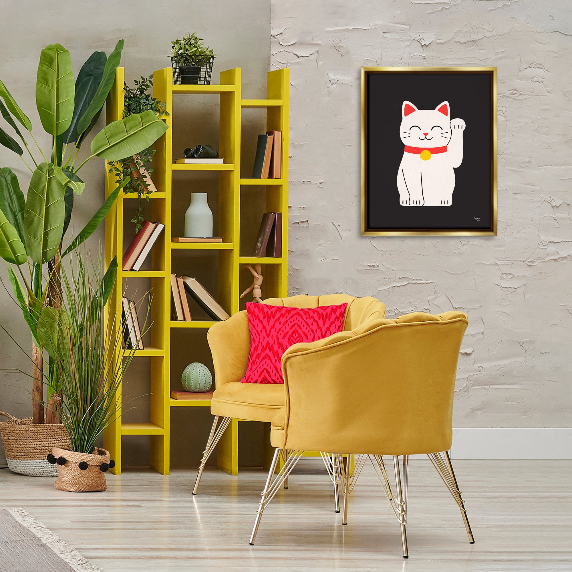 Stupell Industries Maneki Neko Lucky Cat Animals Painting Gold Floater Framed Canvas Art Print Wall Art, 17 x 21