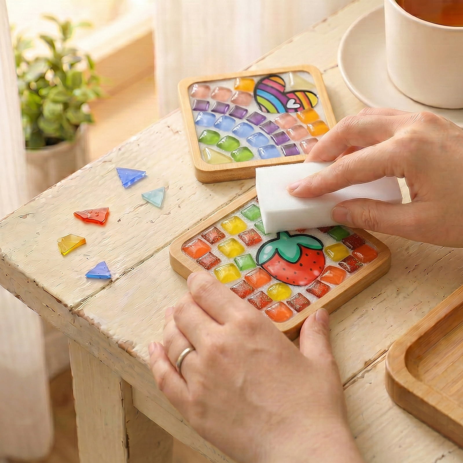 3 Pcs DIY Mosaic Kit for Adult Glass Tile for Craft with Bamboo Cup Pad for Women Mixed Color Mosaic Art Craft Cup Mat Project Handmade Making Kit Set for Home Decor Present
