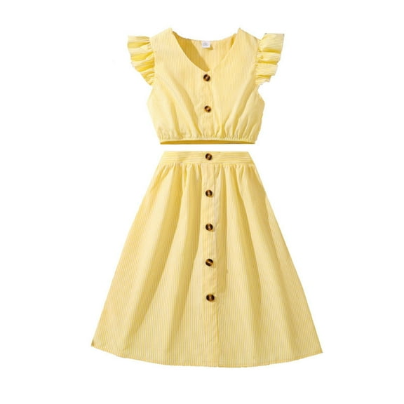 REDARER Girl's 2 Piece Outfit Buttoned Striped Ruffle Tank Top and Elastic Waist Skirt Stripe Set,Size 9-10 Years