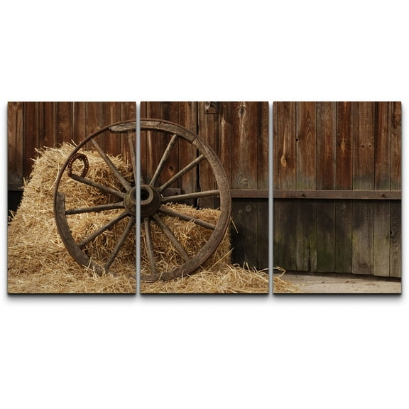 wall26 Canvas Print Wall Art Set Antique Vintage Wheel in Country Barn with Hay Nature Wilderness Photography Realism Rustic Scenic Colorful Ultra for Living Room, Bedroom, Office - 16"x24"