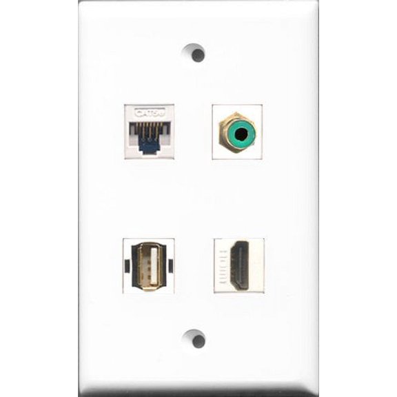 RiteAV 1 Port HDMI and 1 Port RCA Green and 1 Port USB A-A and 1 Port Cat5e Ethernet White Wall Plate