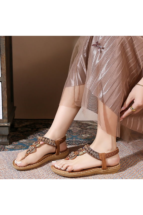 Women's Bohemian Sandals, Embroidered Floral Thong Flats with Elastic Back Strap, Open Toe Beaded Casual Shoes, Versatile Summer Beach Footwear Gift