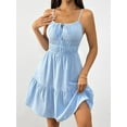 thumbnail image 2 of Womens Summer Spaghetti Strap Mini Dress Square Neck Sleeveless Smocked Waist Tiered Flowy Sundresses Blue M, 2 of 8