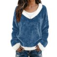 thumbnail image 4 of Women's Fashion Plush V Neck Pullover Top Long Sleeve Tee Printed Sweatshirt Flannel Shirt for Women Soft Comfort Casual Wear,Blue,M, 4 of 7