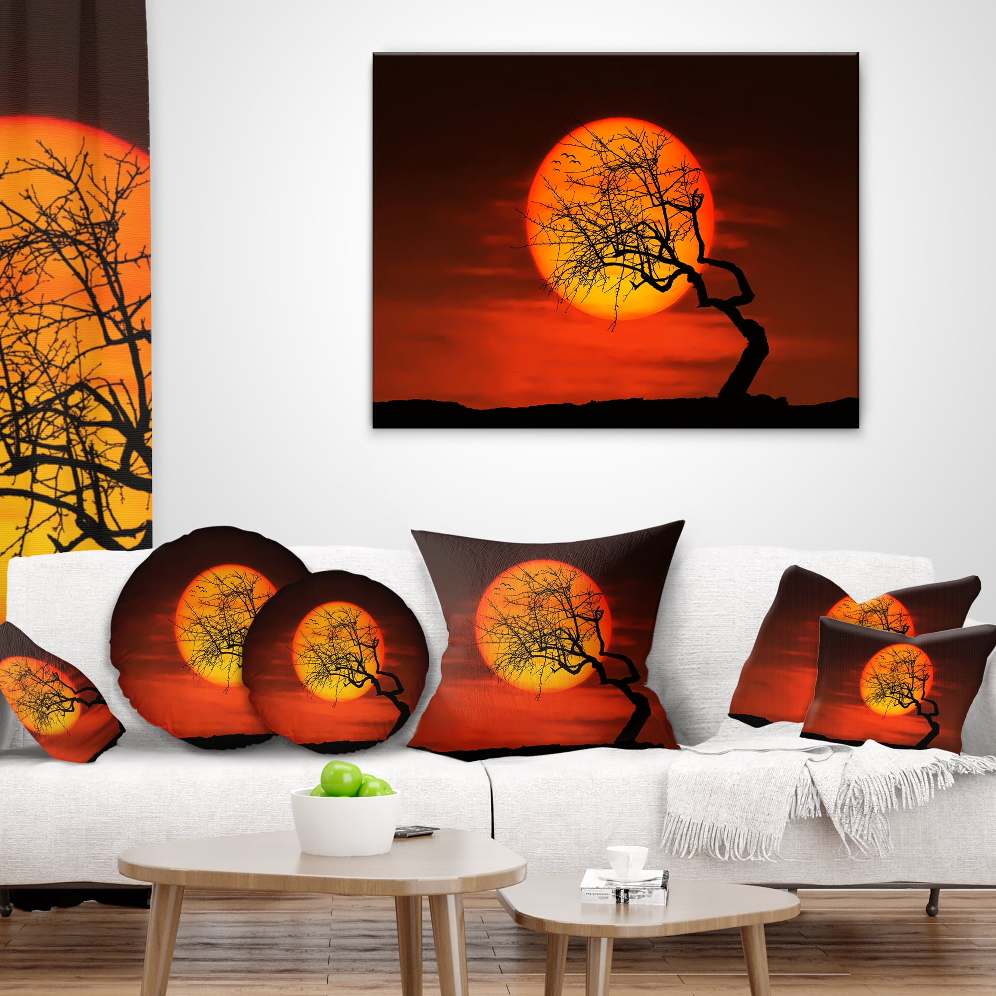 Designart Birds and Tree Silhouette at Sunset - Landscape Printed Throw Pillow - 16x16