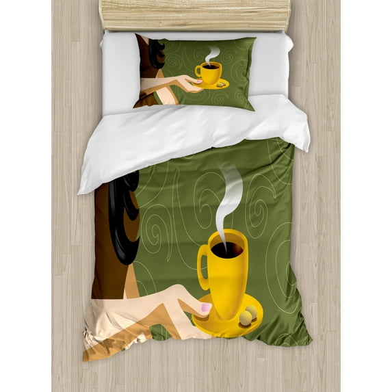 Coffee Duvet Cover Set Twin Size, Half Scene of a Woman Holding a Cup with Hot Beverage and Cookies, Decorative 2 Piece Bedding Set with 1 Pillow Sham, Olive Green and Multicolor, by Ambesonne