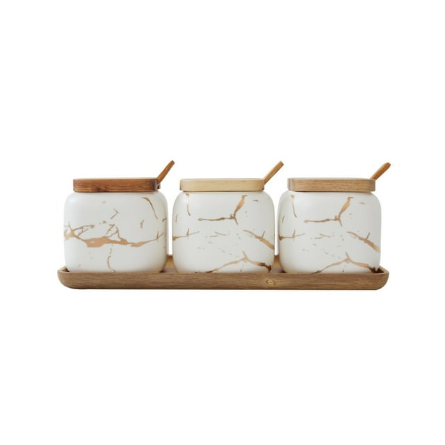 Tarro de especias Toystoory de Cerámica y madera mate 3 en 1 Blanco