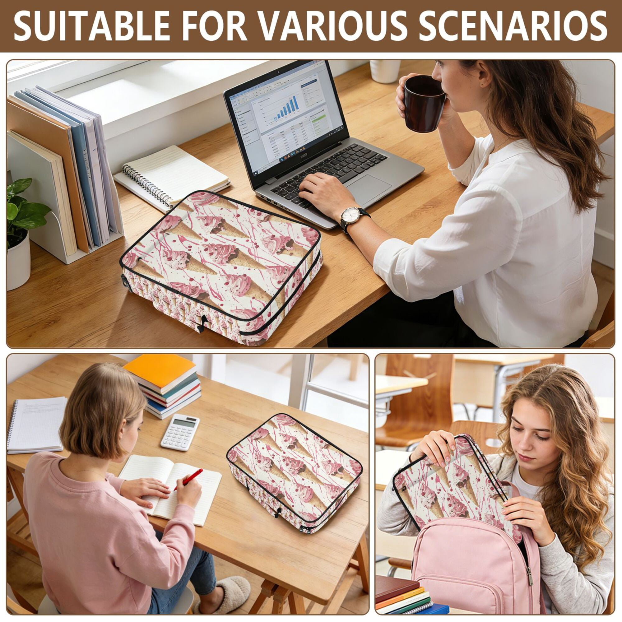 FORMRS Accordion File Folder A4 Size 7-Pocket Expanding Document Organizer Bag with 3 Ring Binder, Pink Ice Cream Pattern