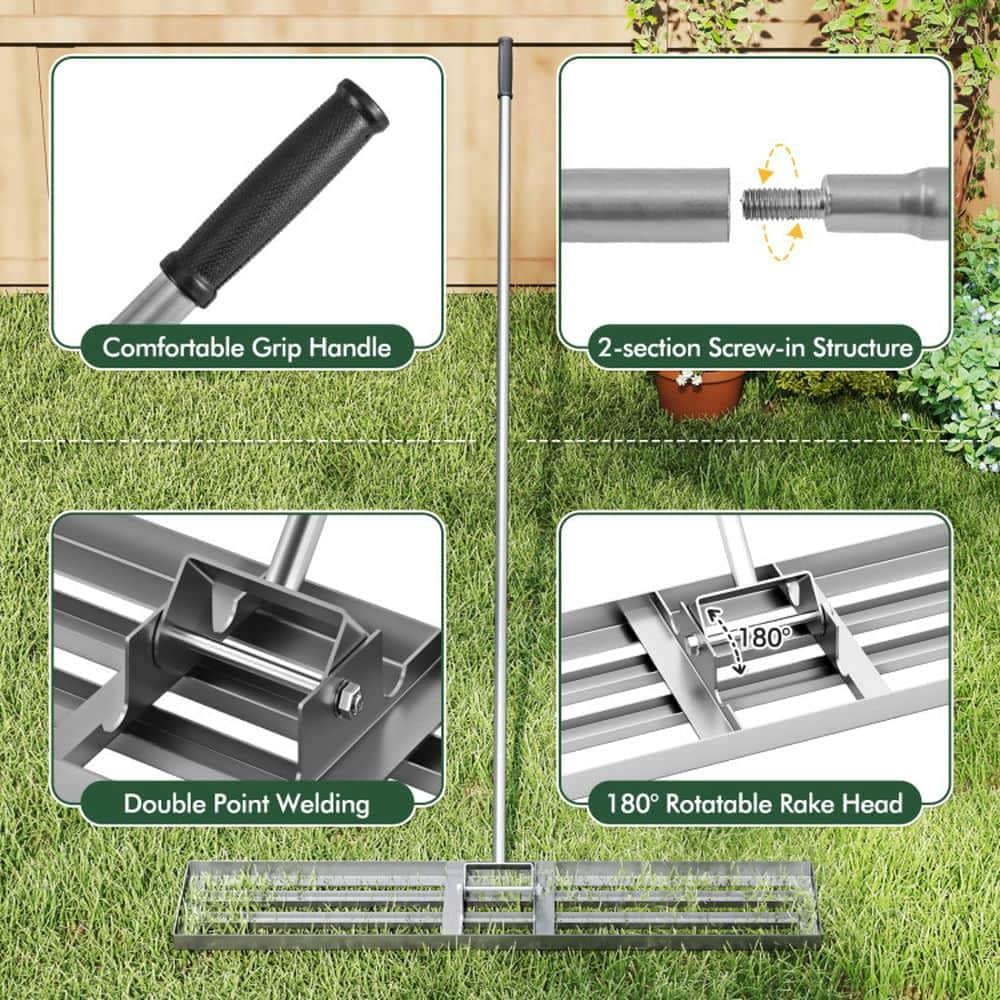 Demifill 46 x 10 Inch Lawn Leveling Rake for Outdoor as Patio, Garden, Backyard, Heavy Duty Lawn Level Tool for Soil, Silver